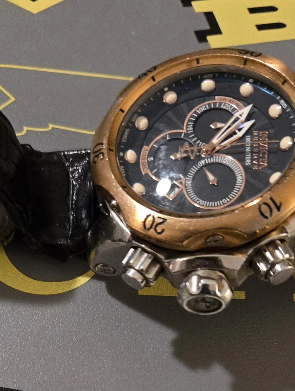 Invicta Gold and Black Chronograph Watch with Black Leather Strap. Needs Strsp